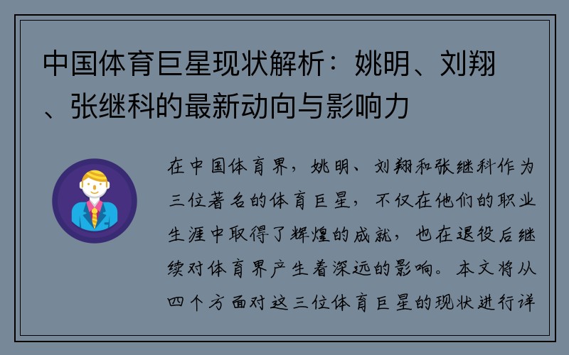 中国体育巨星现状解析：姚明、刘翔、张继科的最新动向与影响力