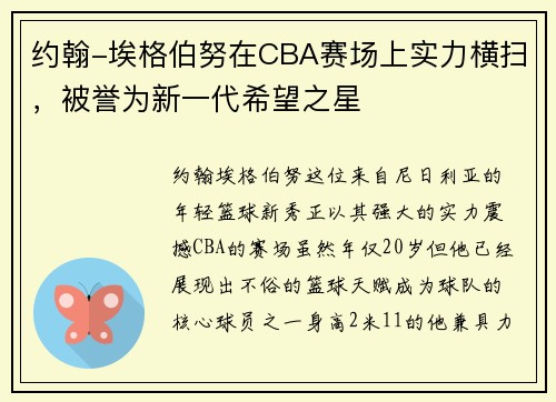 约翰-埃格伯努在CBA赛场上实力横扫,被誉为新一代希望之星